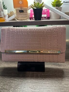 Steve Madden Blush Pink Embossed Logo Clutch with Gold Accent